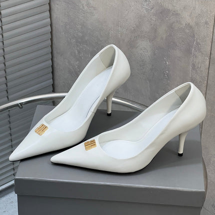 BALENCIAGA 25S HIGH-HEEL SHOES 85 MM IN WHITE COW LEATHER WITH GOLD HARDWARE
