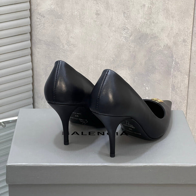 BALENCIAGA 25S HIGH-HEEL SHOES 85 MM IN BLACK COW LEATHER WITH GOLD HARDWARE