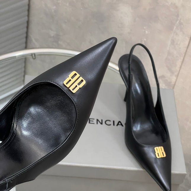 BALENCIAGA 25S HIGH-HEEL SLINGBACK 85 MM IN BLACK COW LEATHER WITH GOLD HARDWARE