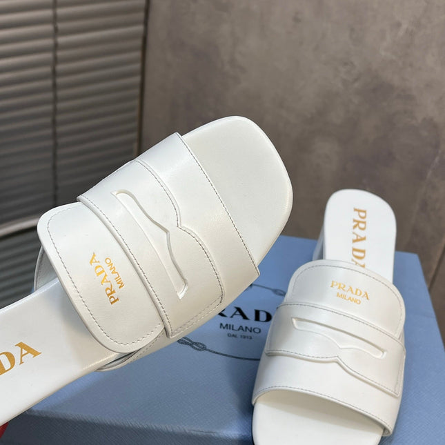 PRADA 26S BLOCK HEEL SLIDE SANDALS 60MM IN WHITE CALFSKIN WITH LOGO