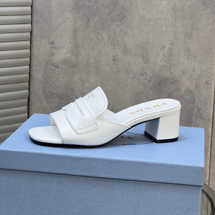 PRADA 26S BLOCK HEEL SLIDE SANDALS 60MM IN WHITE CALFSKIN WITH LOGO