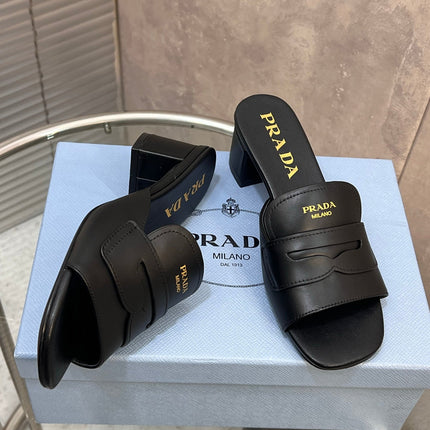 PRADA 26S BLOCK HEEL SLIDE SANDALS 60MM IN BLACK CALFSKIN WITH LOGO