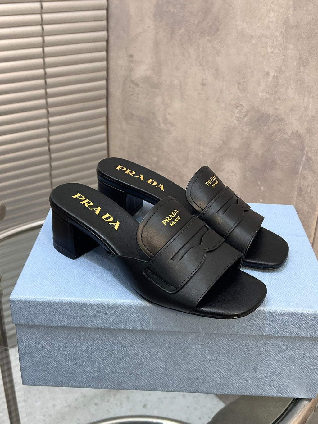 PRADA 26S BLOCK HEEL SLIDE SANDALS 60MM IN BLACK CALFSKIN WITH LOGO