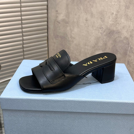 PRADA 26S BLOCK HEEL SLIDE SANDALS 60MM IN BLACK CALFSKIN WITH LOGO