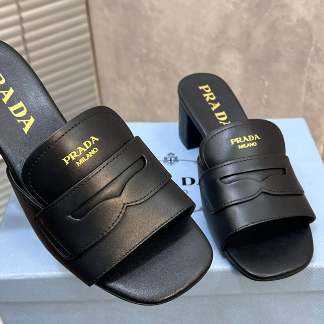 PRADA 26S BLOCK HEEL SLIDE SANDALS 60MM IN BLACK CALFSKIN WITH LOGO
