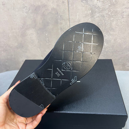CHANEL 26S LOAFERS IN BLACK CANVAS WITH QUILTED FLAP & CHAIN CC LOGO