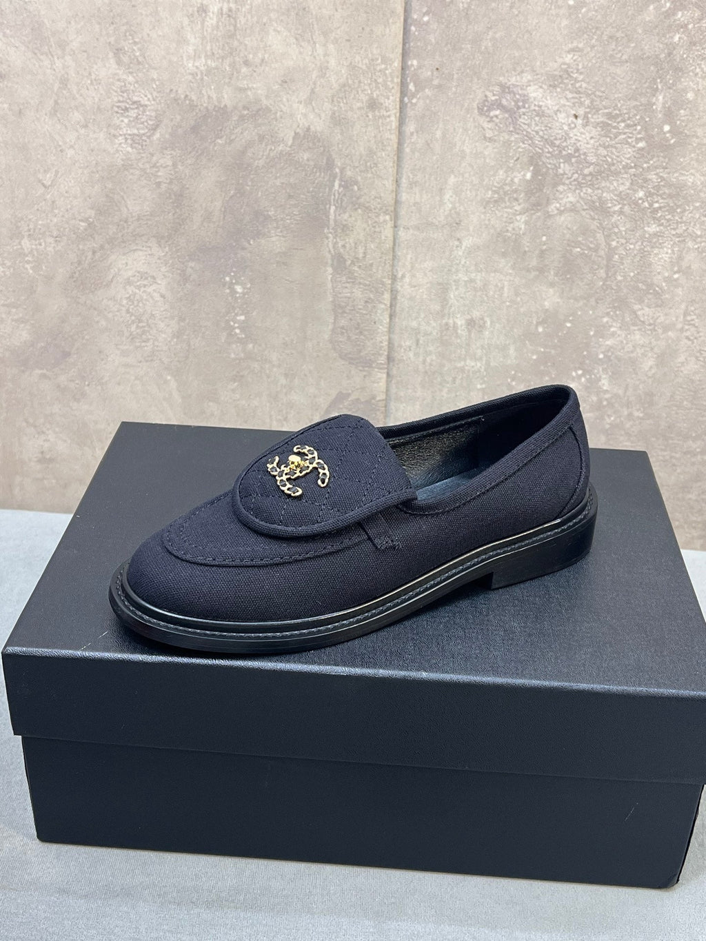CHANEL 26S LOAFERS IN BLACK CANVAS WITH QUILTED FLAP & CHAIN CC LOGO