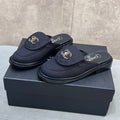 CHANEL 26S MULE LOAFERS IN BLACK CANVAS WITH QUILTED FLAP & CHAIN CC LOGO