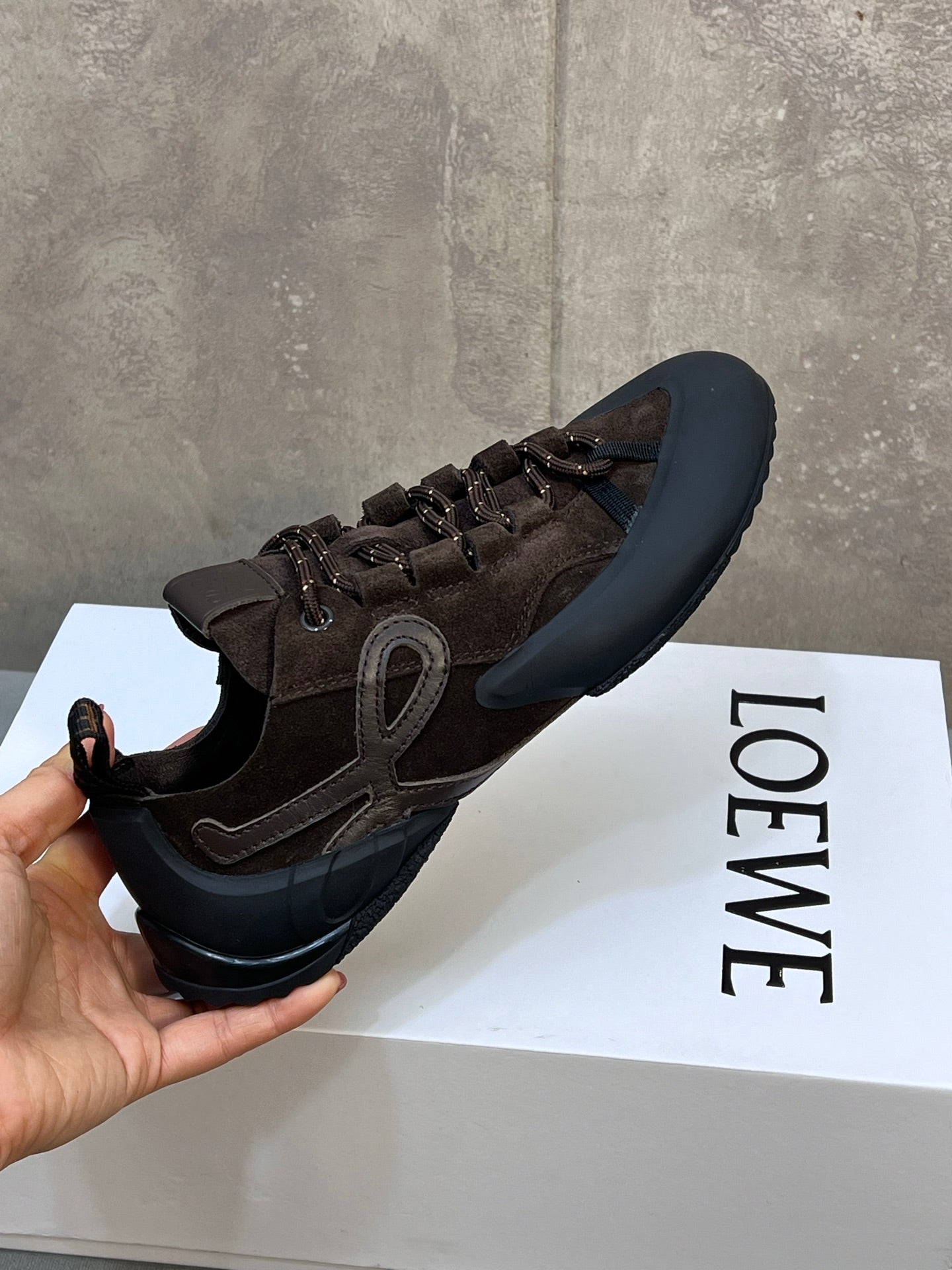 LOEWE 26S LACE UP SNEAKERS IN DARK BROWN SUEDE AND RUBBER SOLE