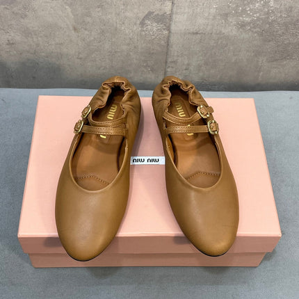MIUMIU 26S DOUBLE STRAP MARY JANE FLATS IN CARAMEL BROWN SHEEPSKIN