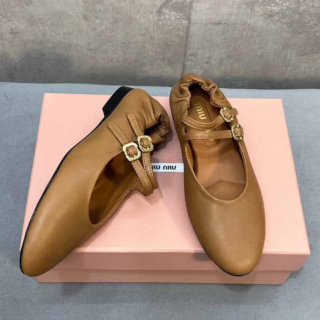 MIUMIU 26S DOUBLE STRAP MARY JANE FLATS IN CARAMEL BROWN SHEEPSKIN