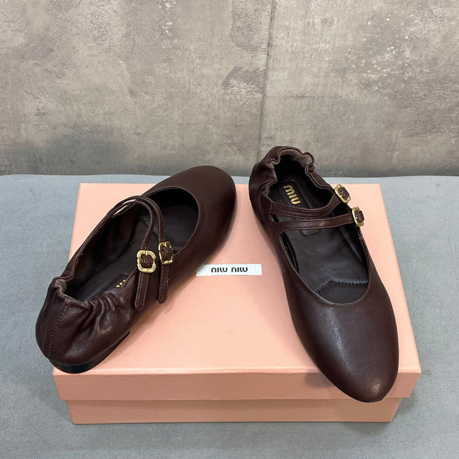 MIUMIU 26S DOUBLE STRAP MARY JANE FLATS IN DARK BROWN SHEEPSKIN
