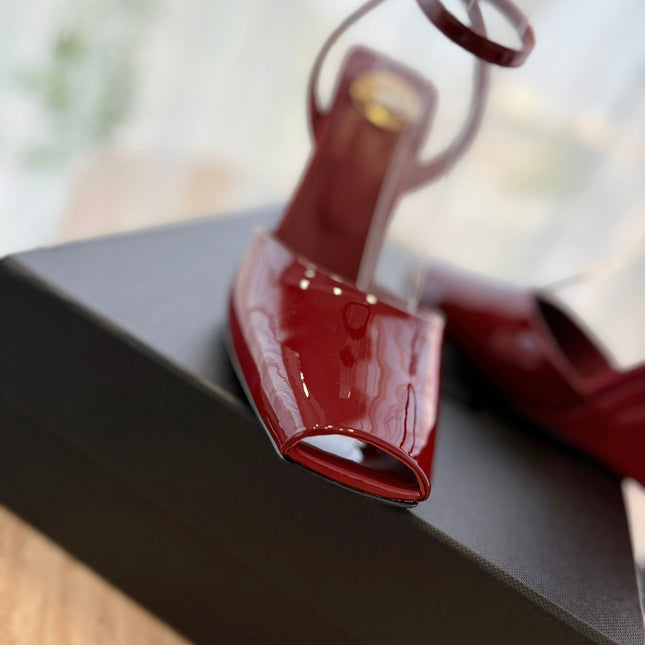 LA SCANDALE HIGH 10 CM WEDGE SANDALS IN CRIMSON RED PATENT LEATHER