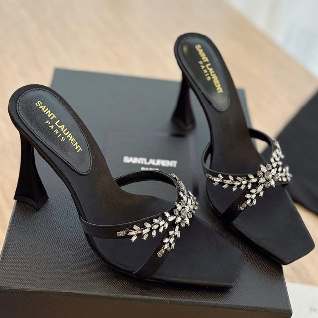 RAV HIGH HEEL 10 CM EMBELLISHED BLACK SATIN MULES