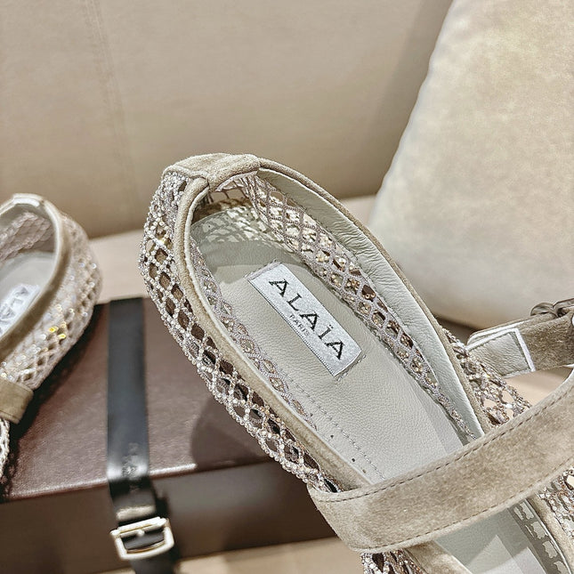 ALAIA 26S MESH FLATS IN BEIGE BROWN SUEDE