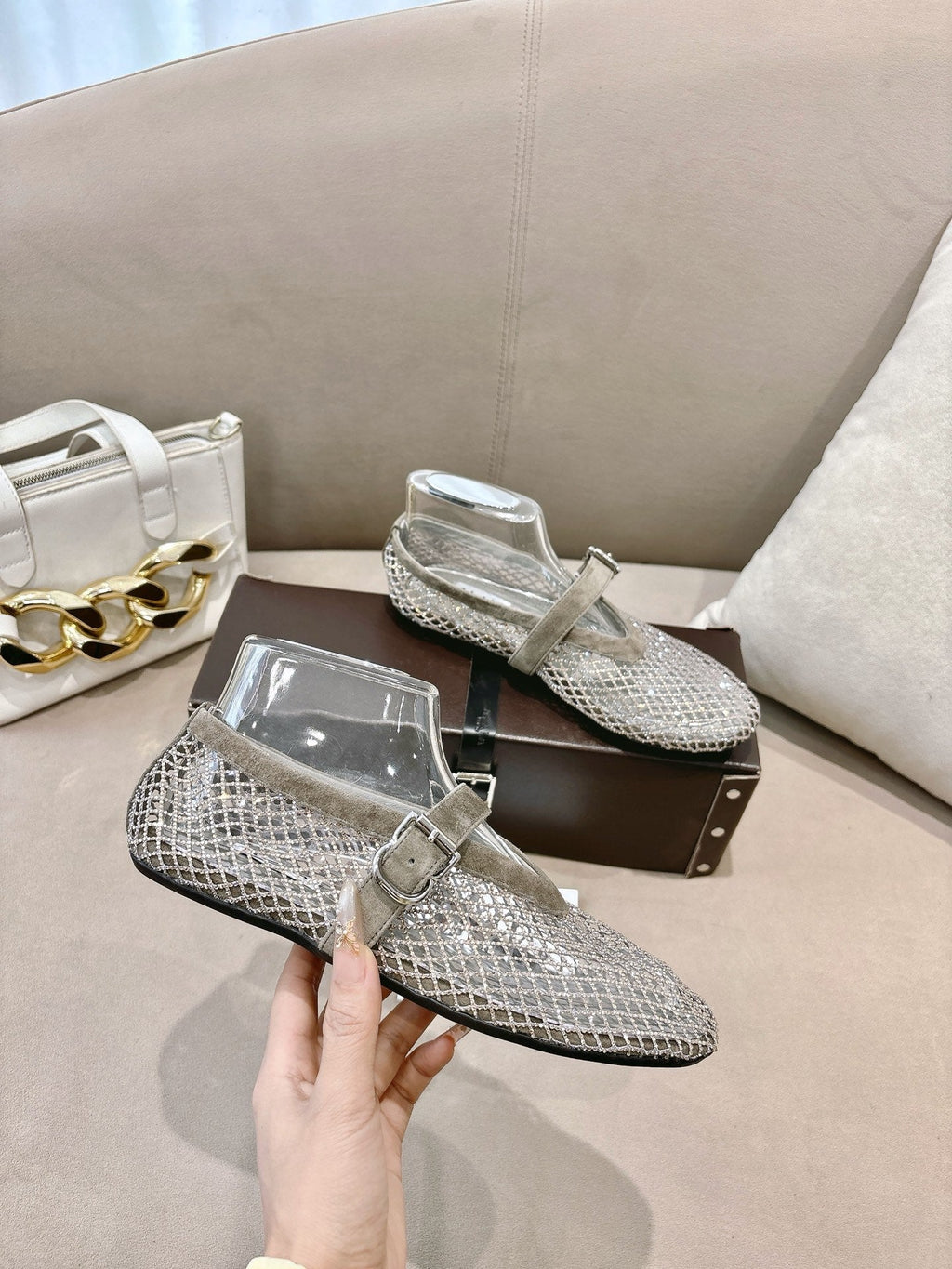 ALAIA 26S MESH FLATS IN BEIGE BROWN SUEDE