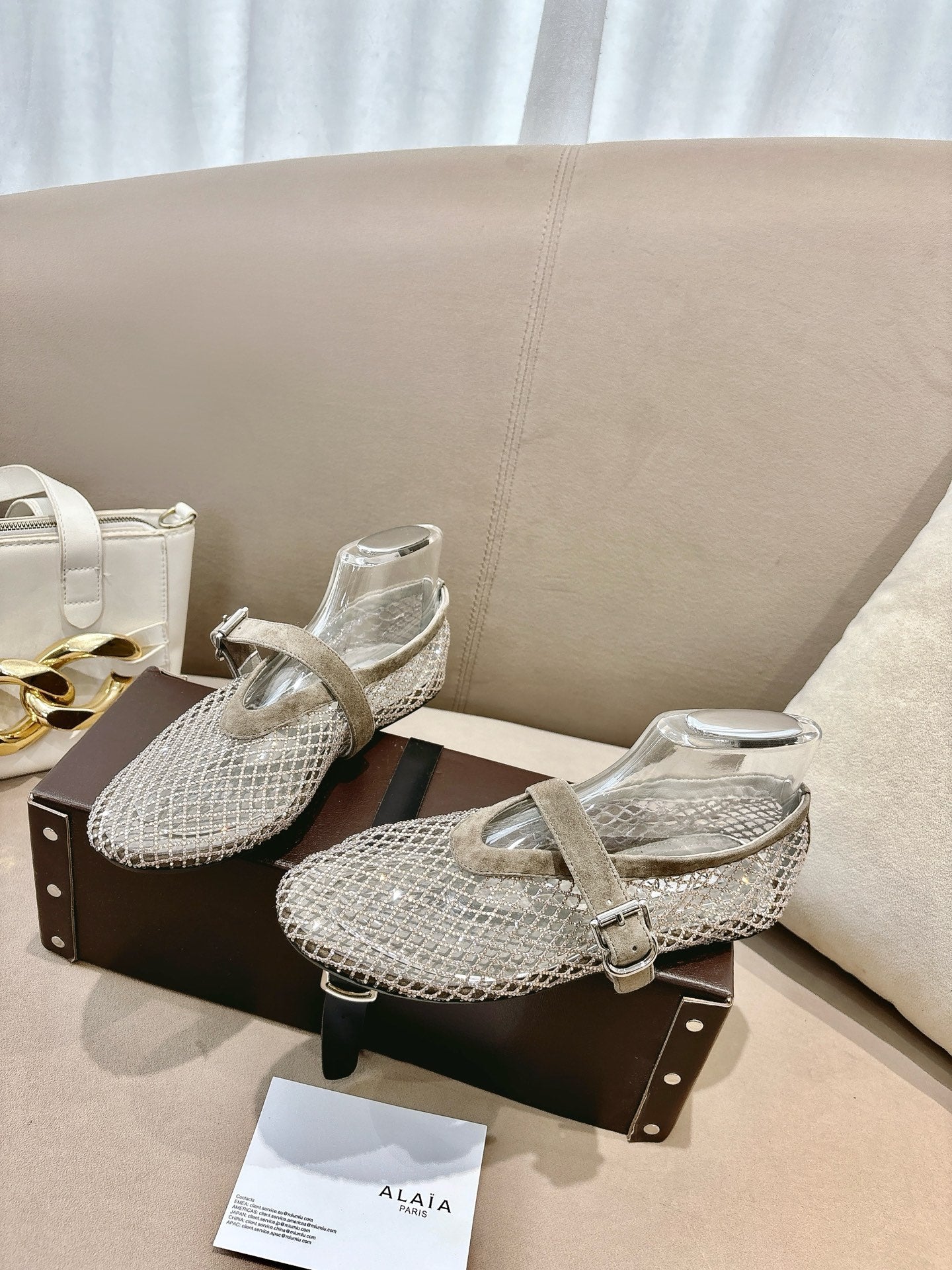 ALAIA 26S MESH FLATS IN BEIGE BROWN SUEDE
