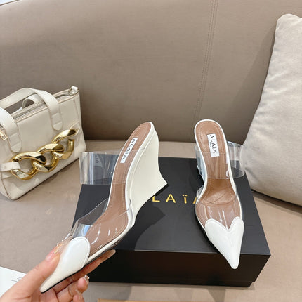 ALAIA 26S HIGH-HEEL WEDGE MULES 95 MM IN WHITE GLOSSY CALFSKIN