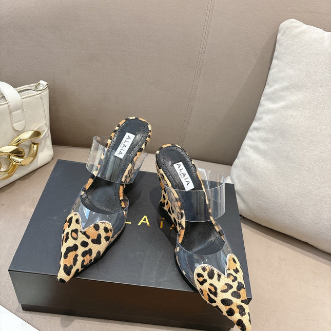 ALAIA 26S HIGH-HEEL WEDGE MULES 95 MM IN LEOPARD PRINT PONY HAIR