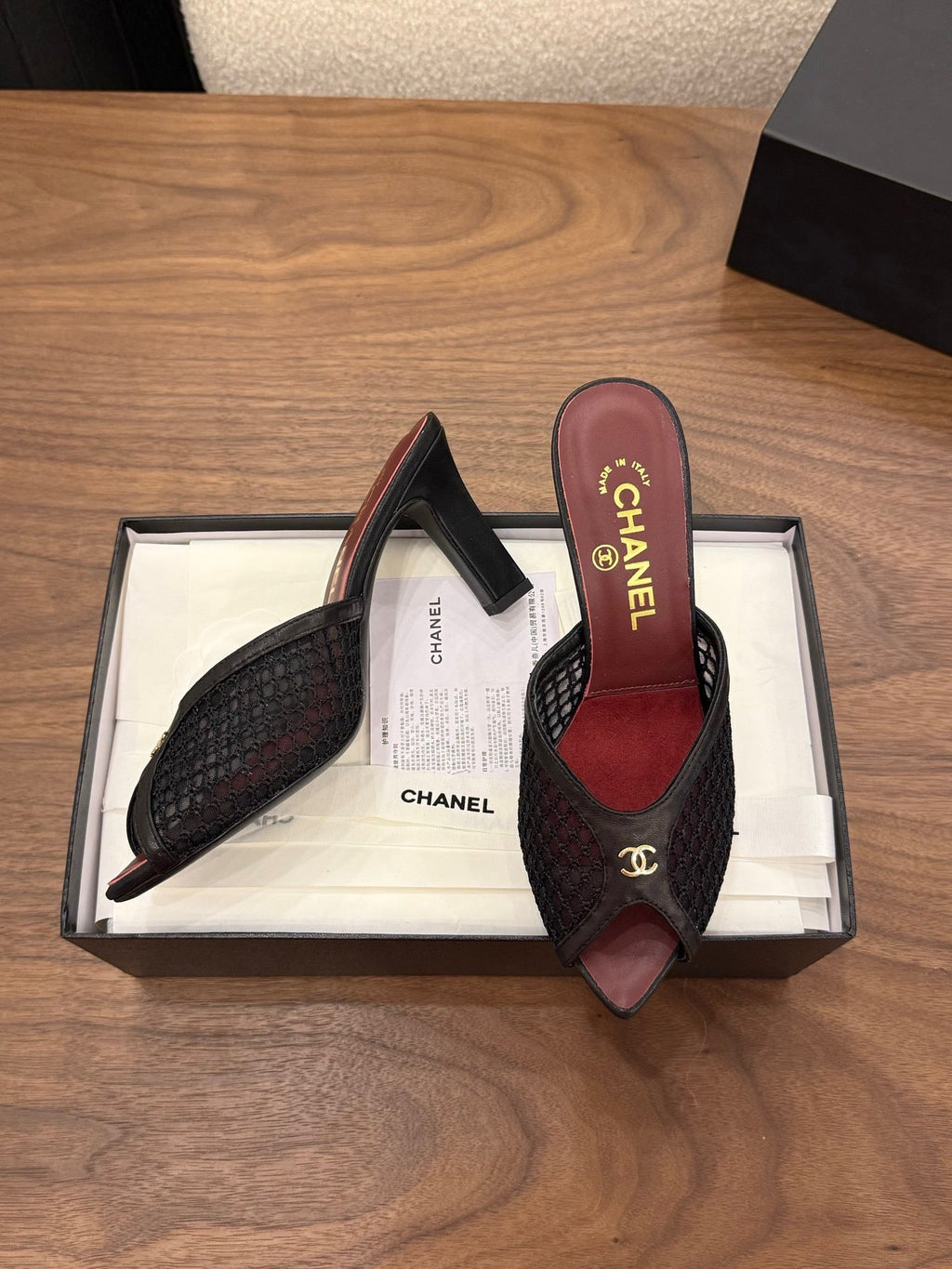 CHANEL 26S COCO BEACH MULES IN BLACK MESH AND FARBIC