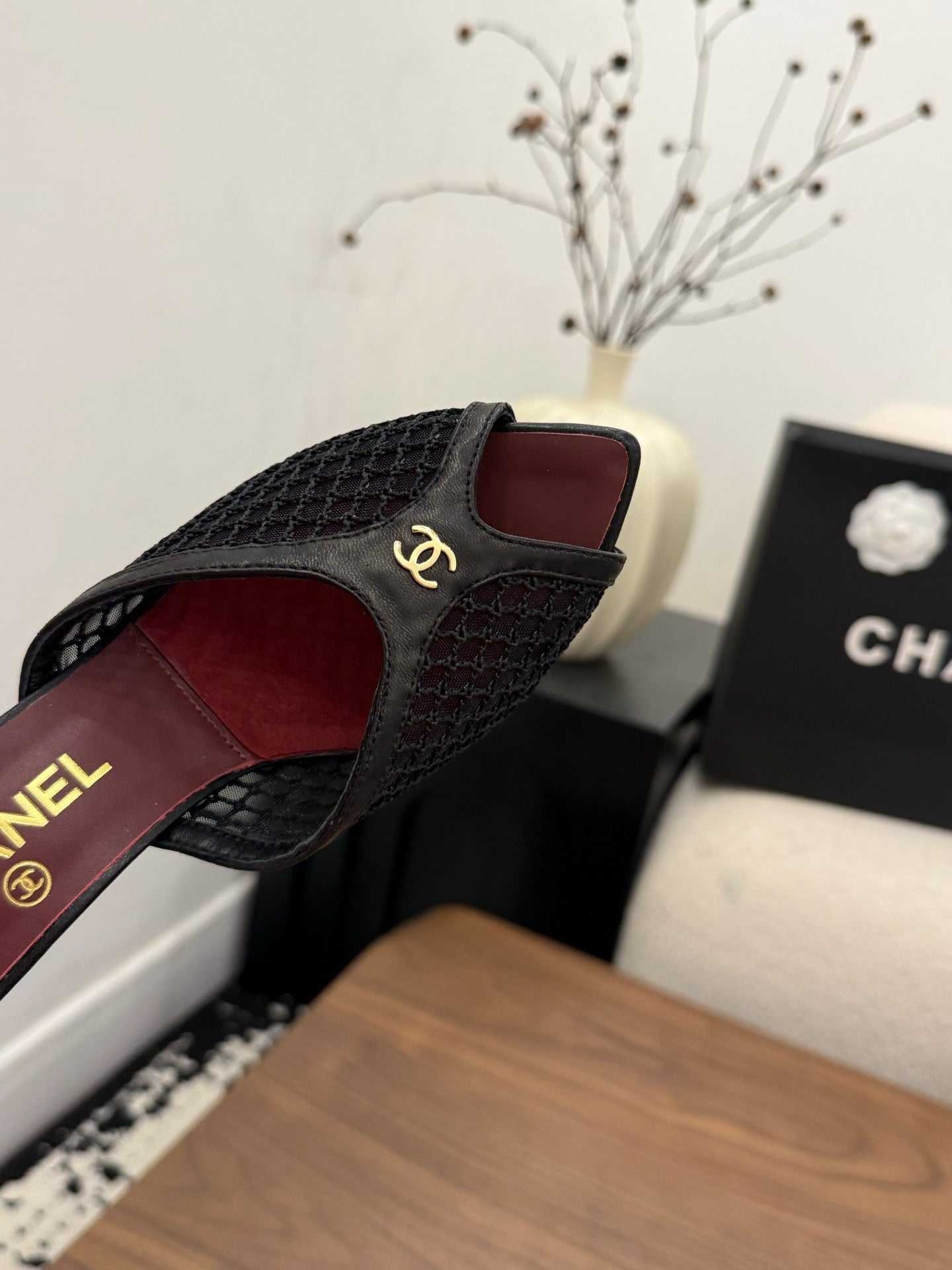 CHANEL 26S COCO BEACH MULES IN BLACK MESH AND FARBIC