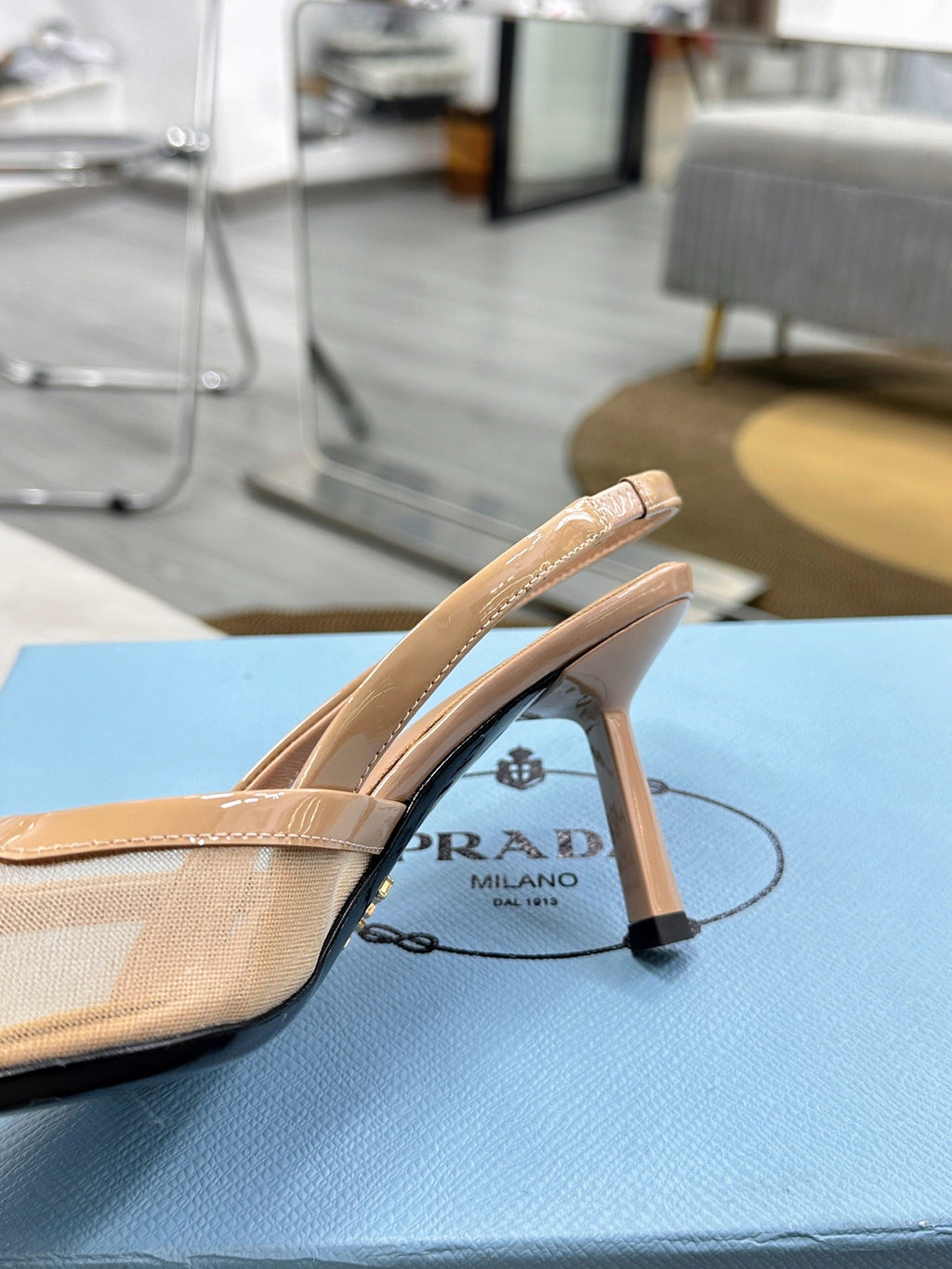 PRADA 25S TRIANGLE LOGO SLINGBACK PUMPS IN BEIGE MESH FABRIC