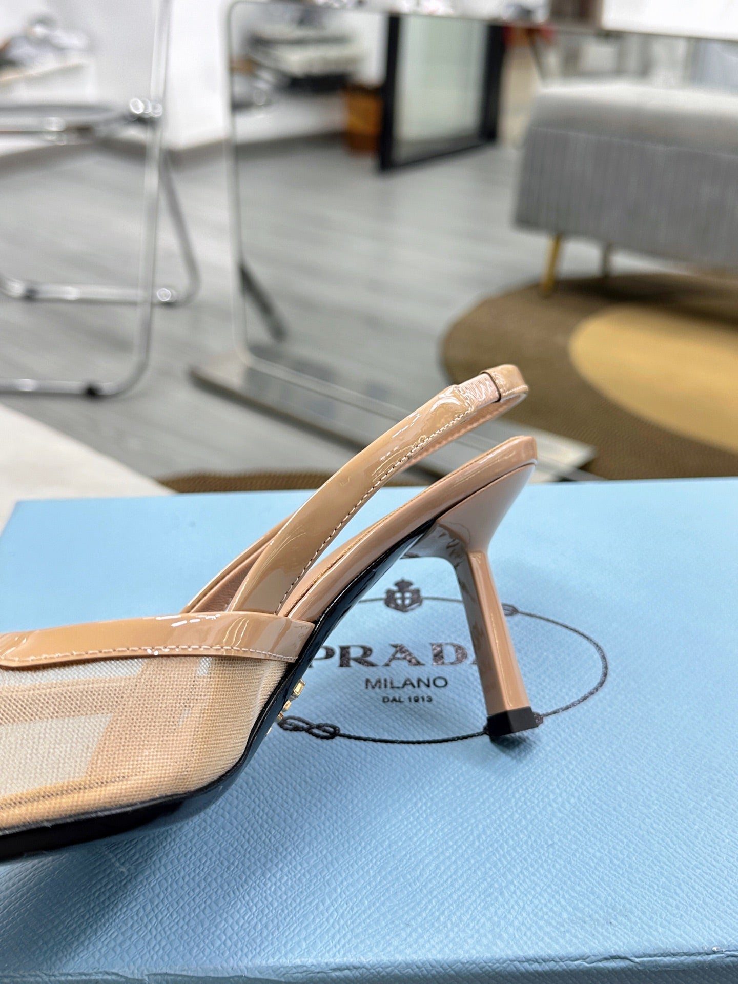 PRADA 25S TRIANGLE LOGO SLINGBACK PUMPS IN BEIGE MESH FABRIC