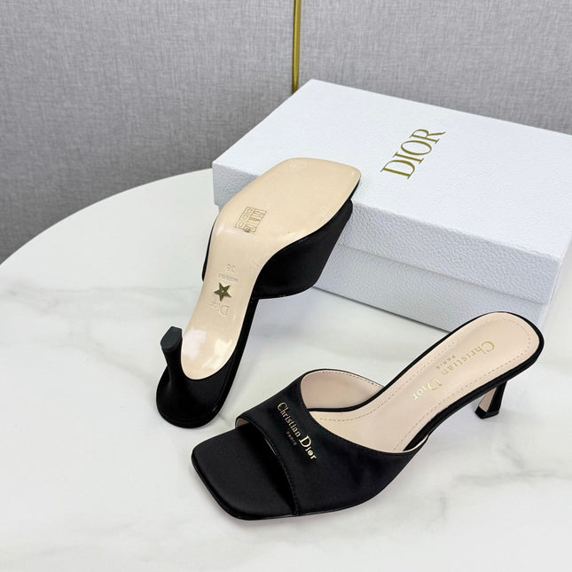 DIOR 26S HIGH-HEELED MULES IN BLACK SATIN GOLD HARDWARE