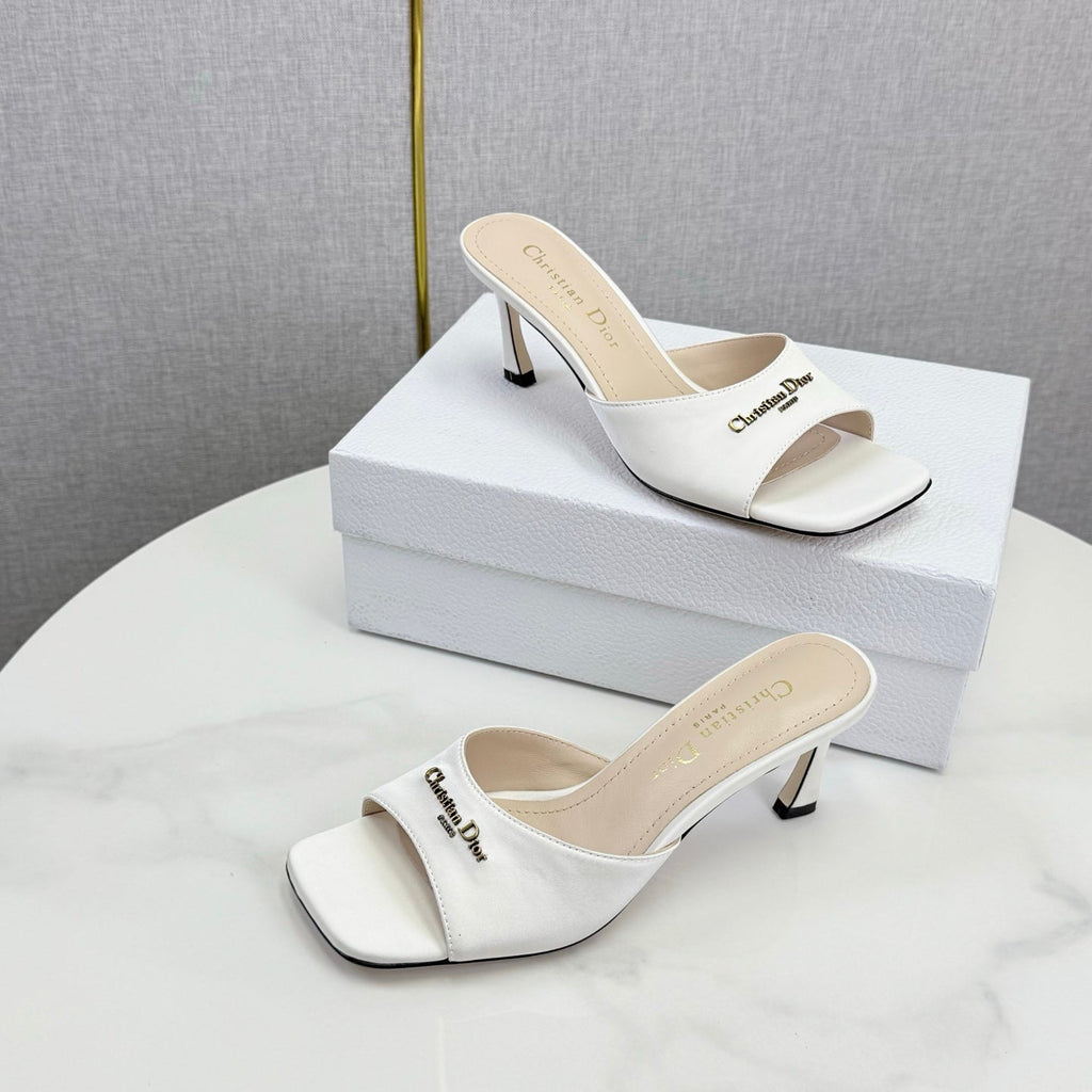 DIOR 26S HIGH-HEELED MULES IN WHITE SATIN GOLD HARDWARE
