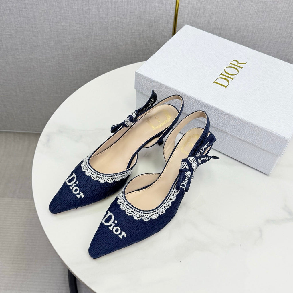 DIOR 26S SLINGBACK PUMPS IN NAVY BLUE FABRIC EMBOSSED LOGO