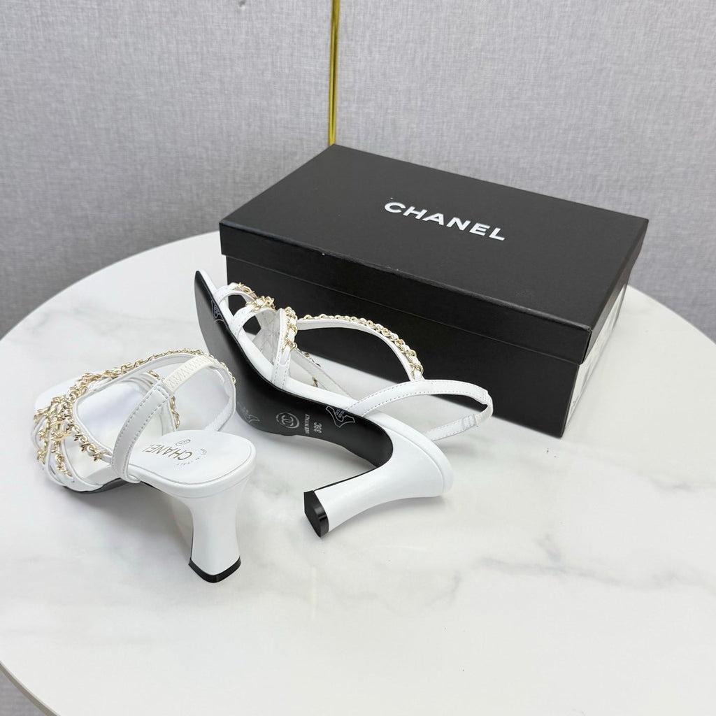 CHANEL 26S CHAIN STRAP HIGH HEELS 65 MM IN WHITE LAMBSKIN