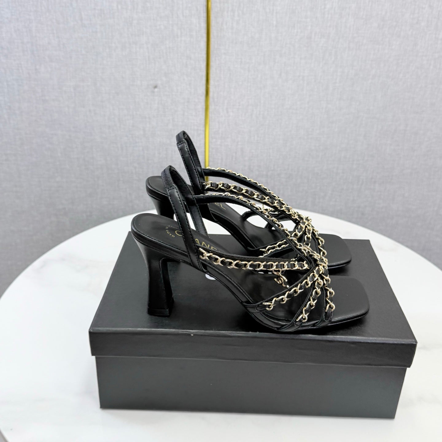 CHANEL 26S CHAIN STRAP HIGH HEELS 65 MM IN BLACK LAMBSKIN