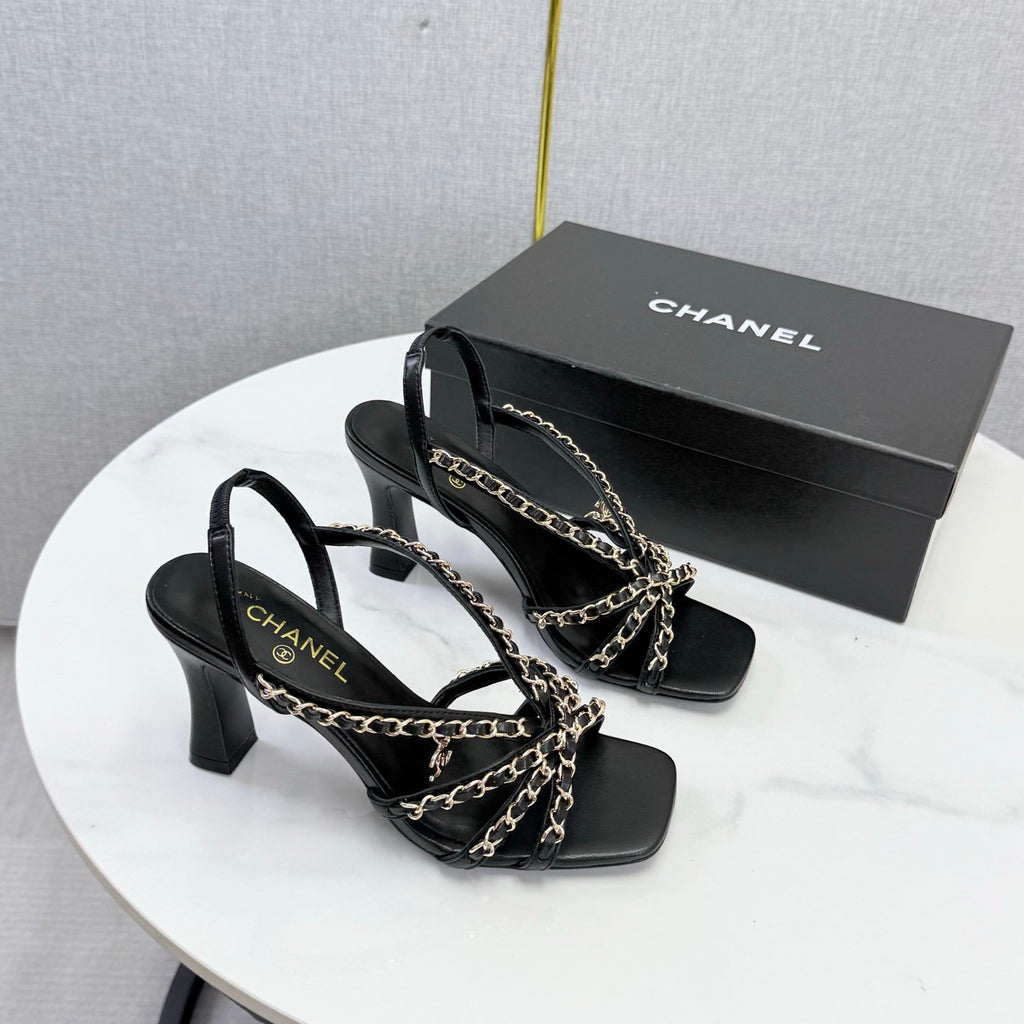 CHANEL 26S CHAIN STRAP HIGH HEELS 65 MM IN BLACK LAMBSKIN