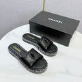 CHANEL 26S PLATFORM SLIDES IN BLACK LAMBSKIN WITH CC LOGO