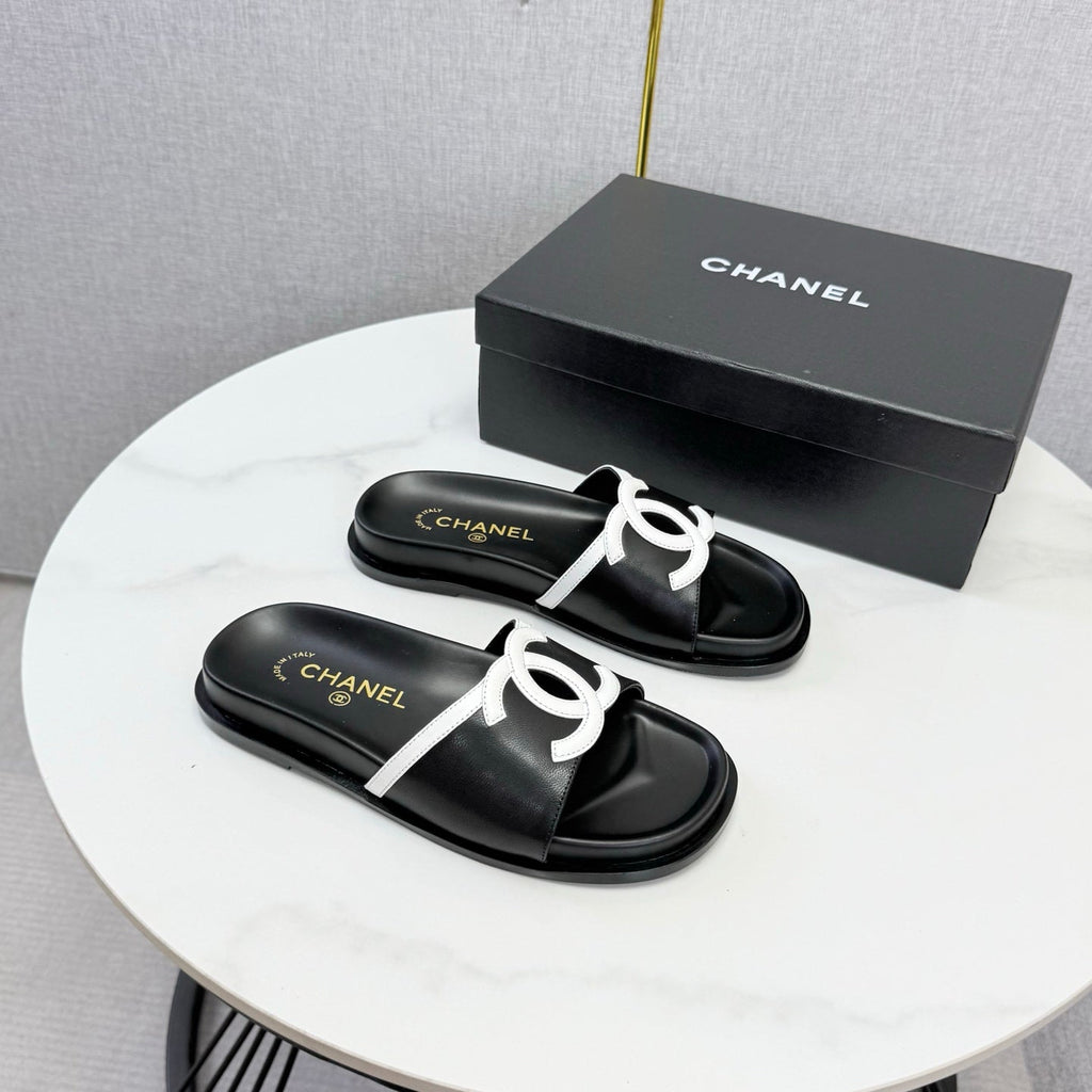 CHANEL 26S ICONIC CC SLIDES IN BLACK LAMBSKIN