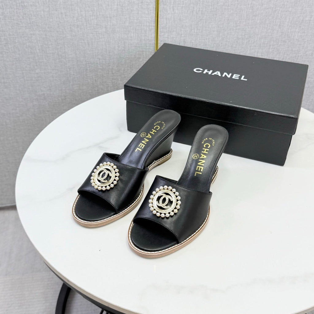 CHANEL 26S WEDGE HEELS IN BLACK LAMBSKIN WITH CC PEARL EMBELLISHED