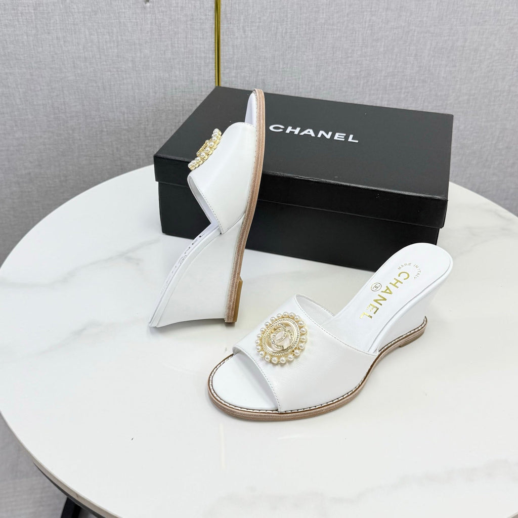 CHANEL 26S WEDGE HEELS IN WHITE LAMBSKIN WITH CC PEARL EMBELLISHED