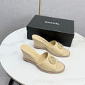 CHANEL 26S WEDGE HEELS IN BEIGE LAMBSKIN WITH CC PEARL EMBELLISHED