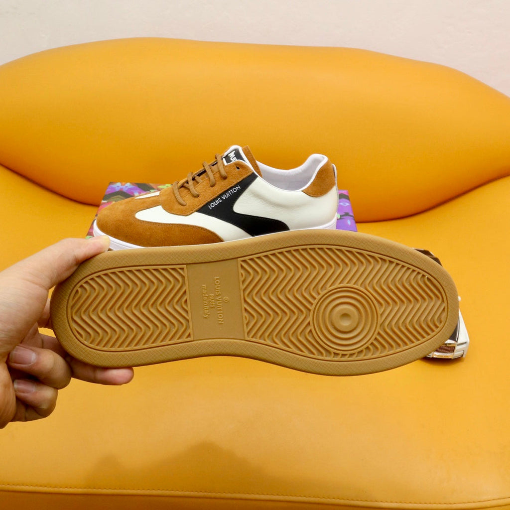 LV TRAINERS IN AMBER YELLOW SUEDE AND WHITE MIX BLACK CALFSKIN