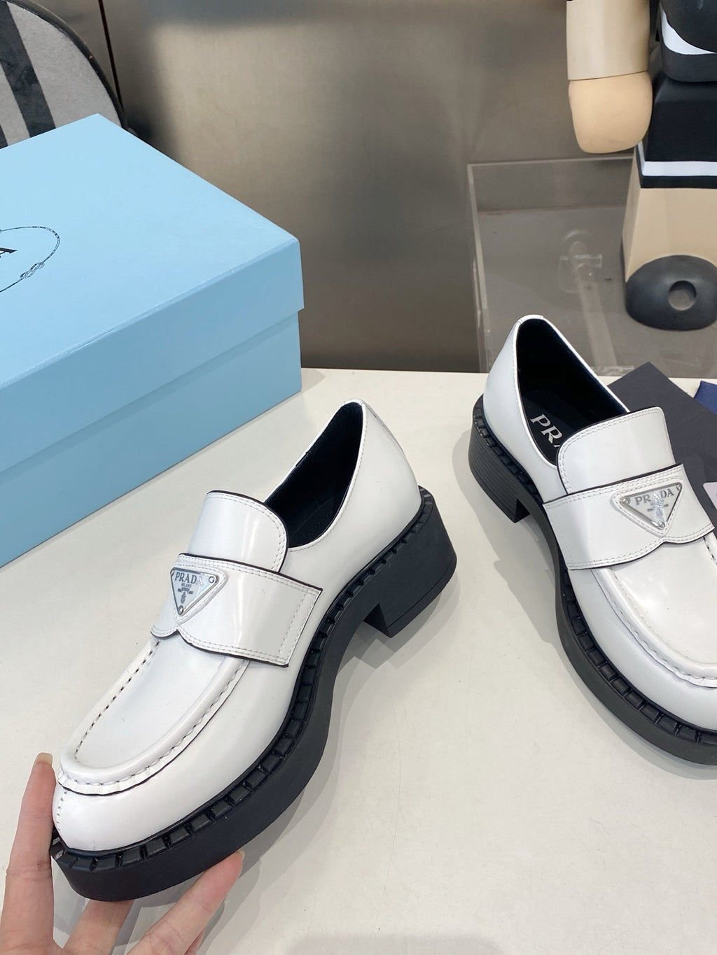PRADA 26S LOAFERS IN WHITE CALFSKIN WITH LOGO