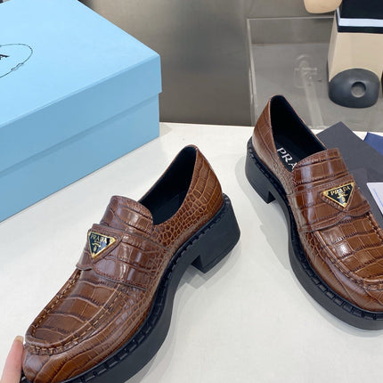 PRADA 26S LOAFERS IN DARK BROWN CROCODILE PRINT CALFSKIN