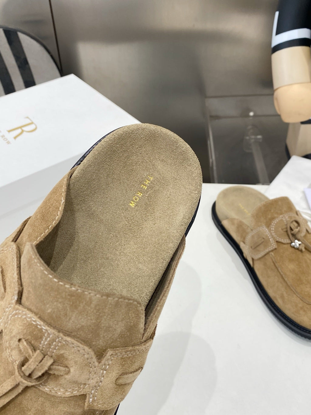 THE ROW 26S KNOT DETAIL MULE LOAFERS IN SAND BEIGE SUEDE
