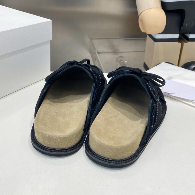 THE ROW 26S FRINGE LACE UP MULES IN BLACK SUEDE