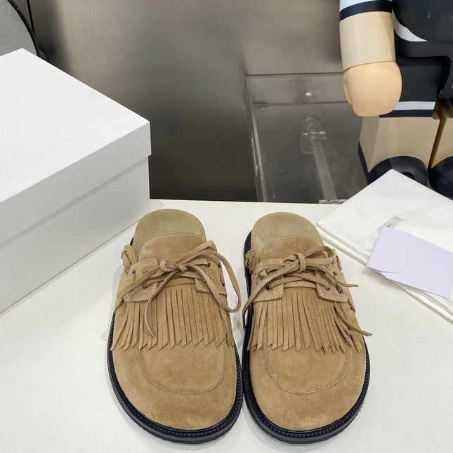 THE ROW 26S FRINGE LACE UP MULES IN SAND BEIGE SUEDE