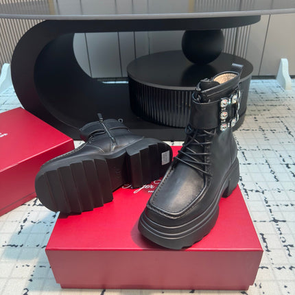 VIV' RANGERS ANKLE BOOTS IN BLACK CALFSKIN STRASS BUCKLE