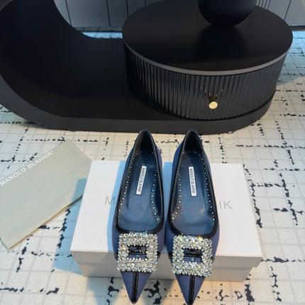 Hangisi 10mm Ballet Flat Dark Blue Linen with Black Leather Jewel Buckle 161059