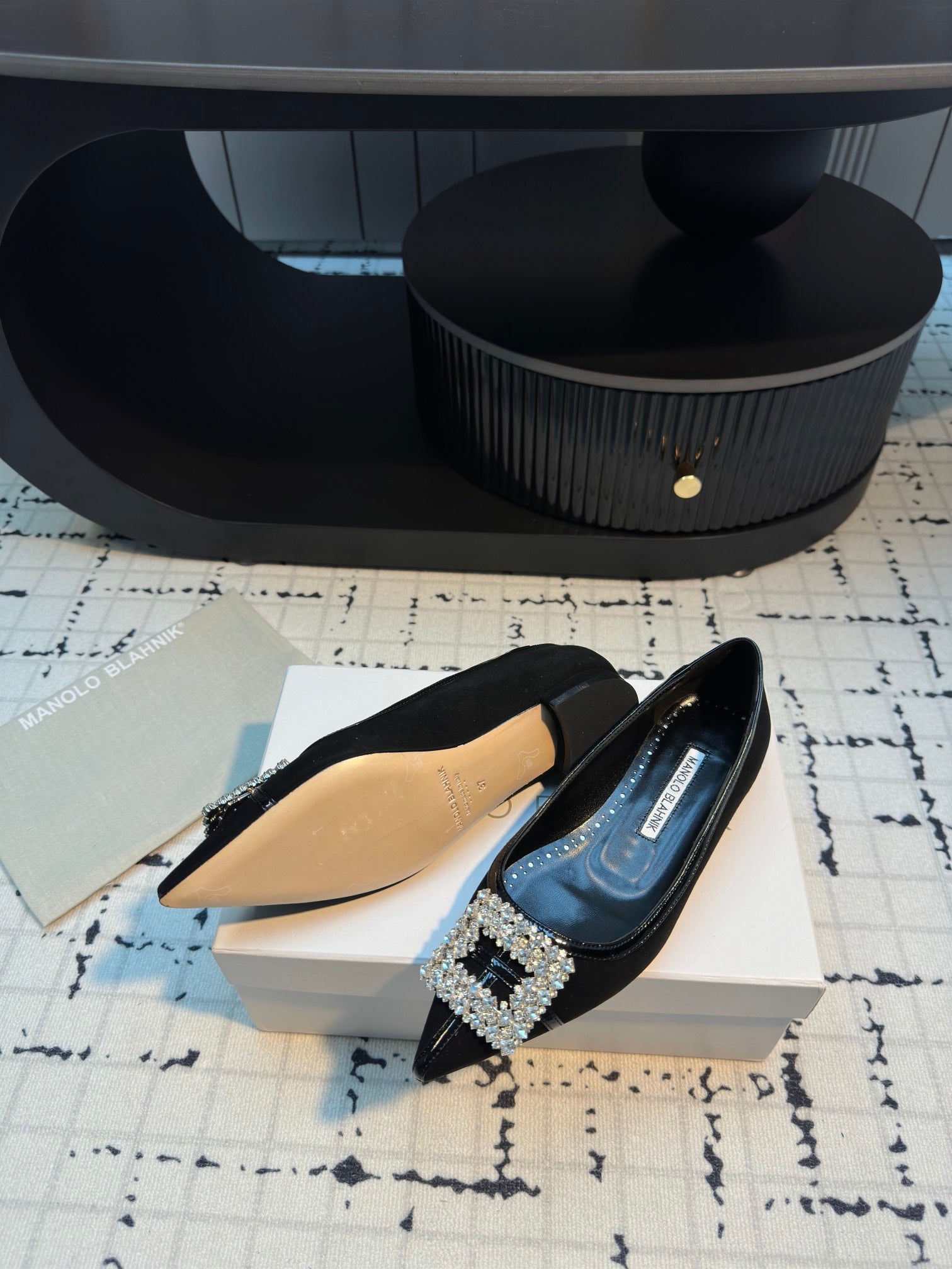 Hangisi 10mm Ballet Flat Black Linen and Leather Jewel Buckle 161063
