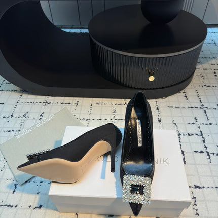 Hangisi 100 Black Linen and Leather Jewel Buckle Pumps 161067