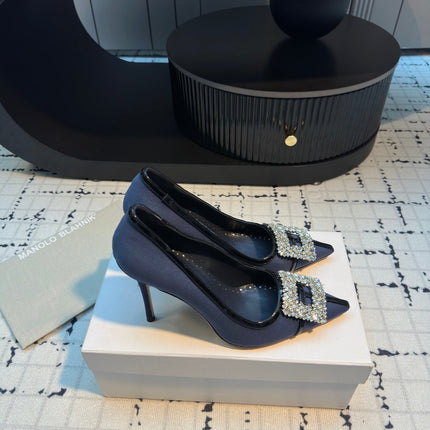 Hangisi 100 Dark Blue Linen with Black Leather Jewel Buckle Pumps 161070