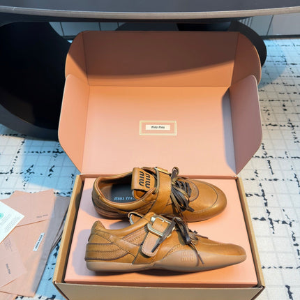 MIUMIU 26S LACE UP SNEAKERS IN BROWN CALFSKIN BUCKLE STRAP DETAIL
